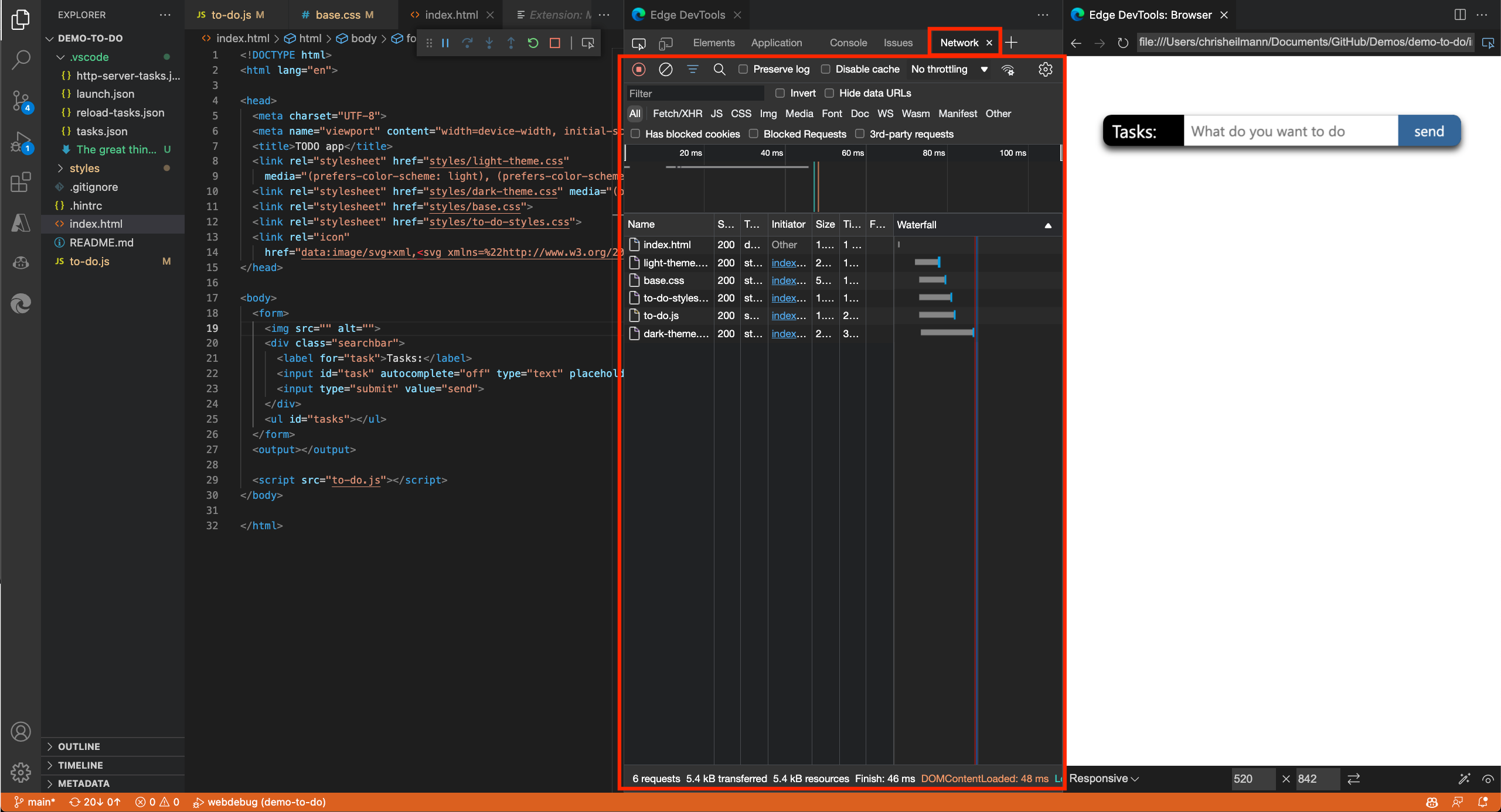La herramienta Red dentro de Edge DevTools para Visual Studio Code extensión