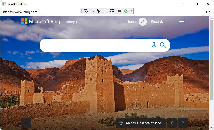 Aplicación que muestra el sitio web de Bing