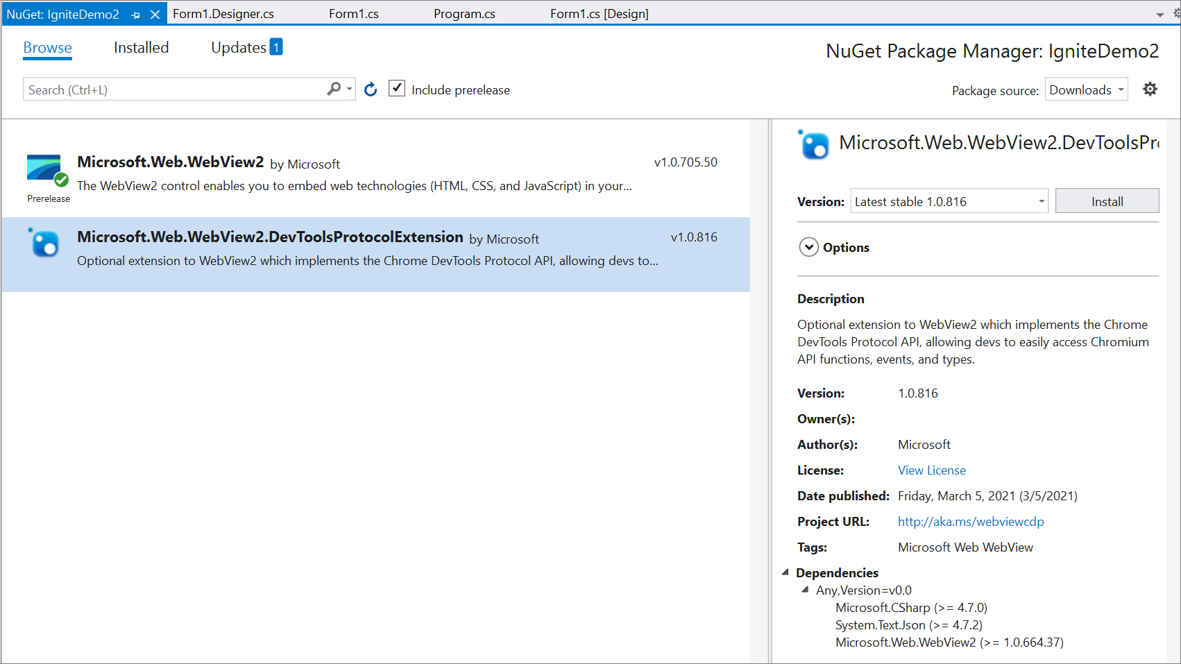 Asegurarse de que Microsoft.Web.WebView2.DevToolsProtocolExtension se muestra en el Administrador de paquetes NuGet de Visual Studio