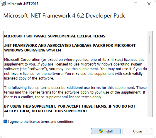 Cuadro de diálogo contrato de licencia de Microsoft .NET Framework Developer Pack