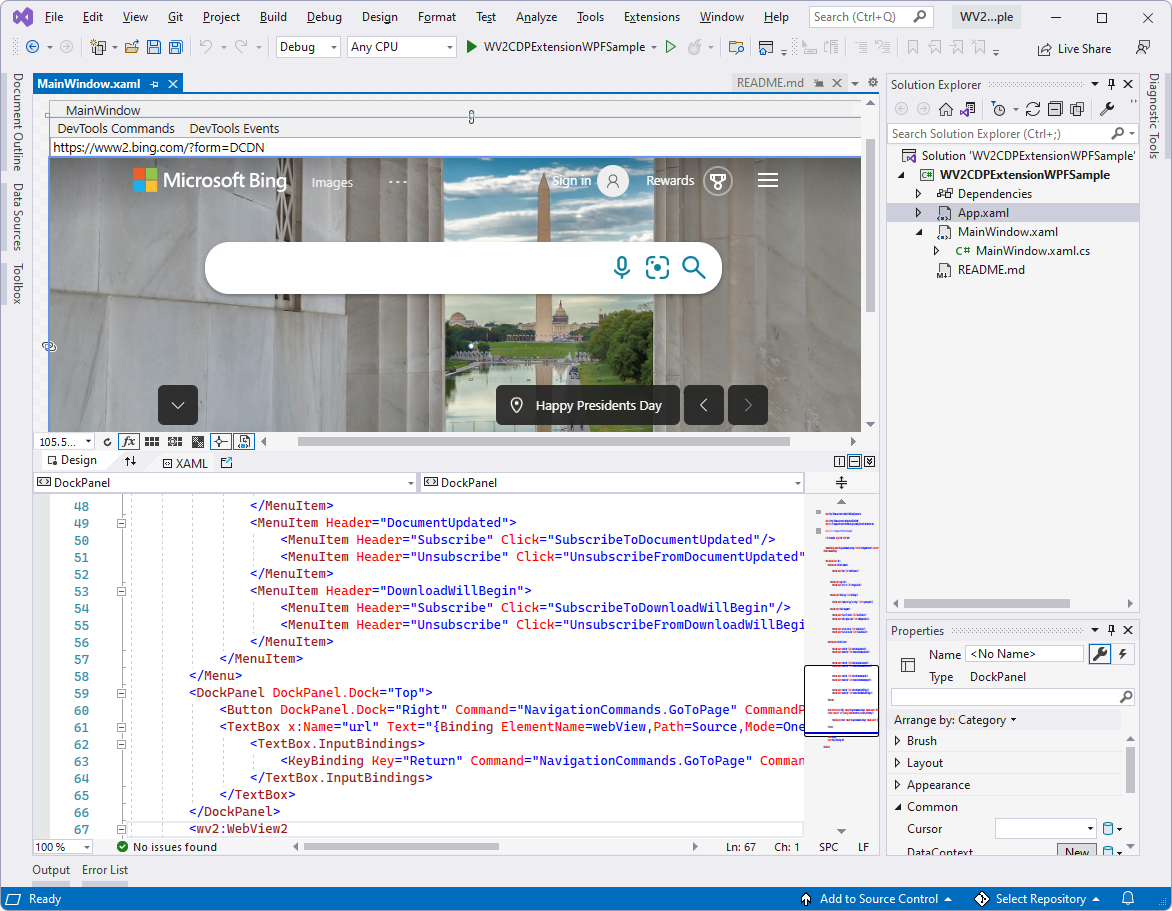 El ejemplo WV2CDPExtensionWPFSample abierto en Visual Studio en Explorador de soluciones