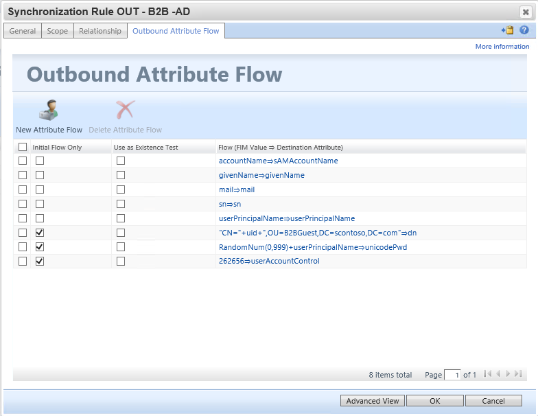 Captura de pantalla que muestra la pestaña Flujo de atributos de salida.