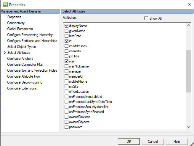 Captura de pantalla que muestra la pantalla Seleccionar atributos con algunos atributos seleccionados y un botón O K.