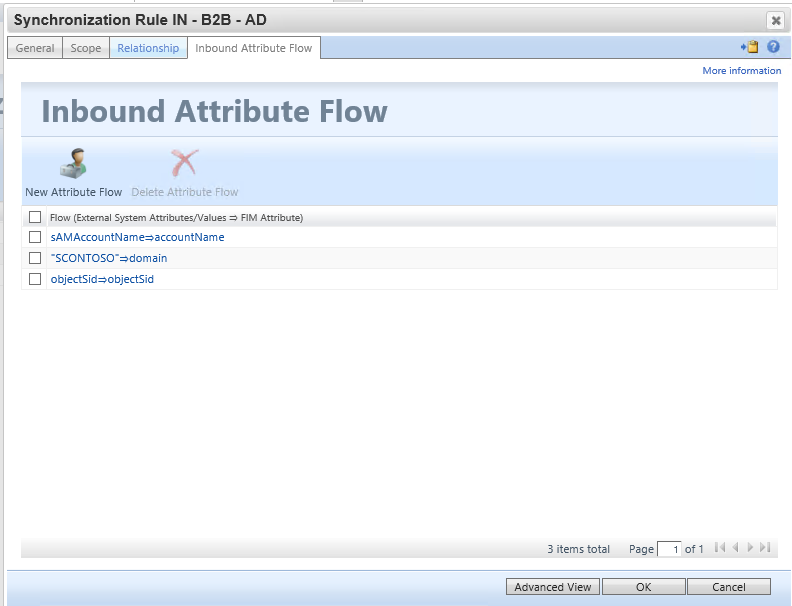 Captura de pantalla que muestra la pestaña Flujo de atributos de entrada.
