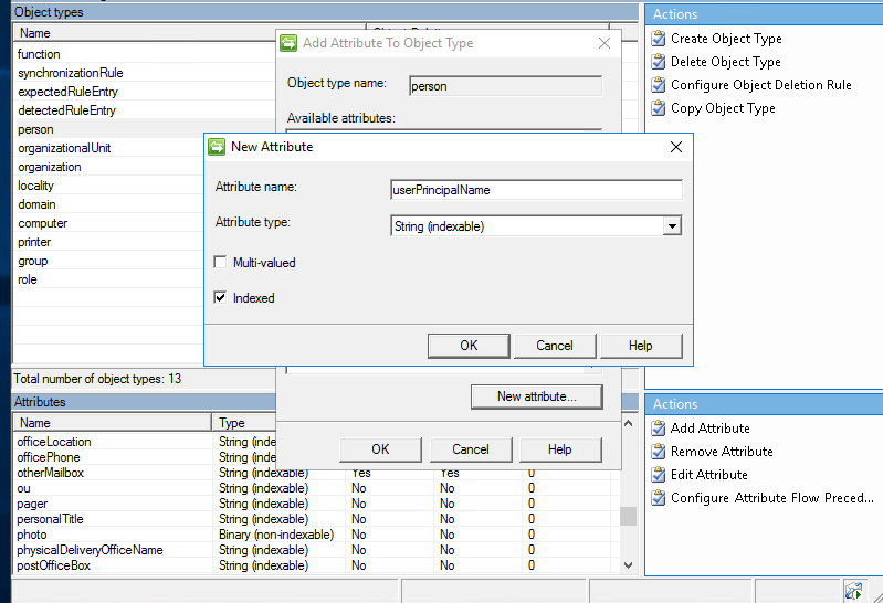 Captura de pantalla en la que se muestran cuadros de diálogo para especificar valores para Nombre de atributo, Tipo de atributo e Indexado.