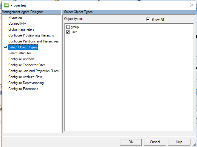 Captura de pantalla que muestra la página Seleccionar tipos de objeto con un tipo de objeto seleccionado y un botón O K.