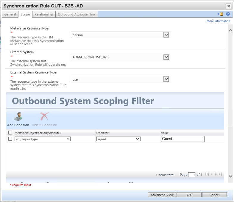 Captura de pantalla que muestra la pestaña Ámbito con el tipo de recurso metaverso, el sistema externo, el tipo de recurso del sistema externo y el filtro de ámbito del sistema saliente.