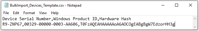 Archivo del Bloc de notas que muestra ejemplos de entradas para la columna A (Número de serie del dispositivo), columna B (Id. del producto de Windows) y la columna C (Hash de Hardware).