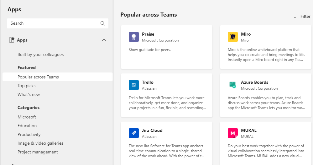 Captura de pantalla que muestra las aplicaciones de asociados en la tienda de Teams en el cliente de Teams.