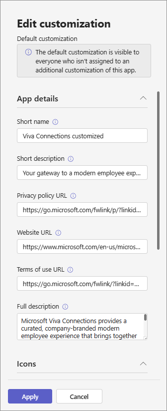 Captura de pantalla que muestra el nombre y la descripción en la interfaz de usuario para personalizar la descripción de la aplicación.