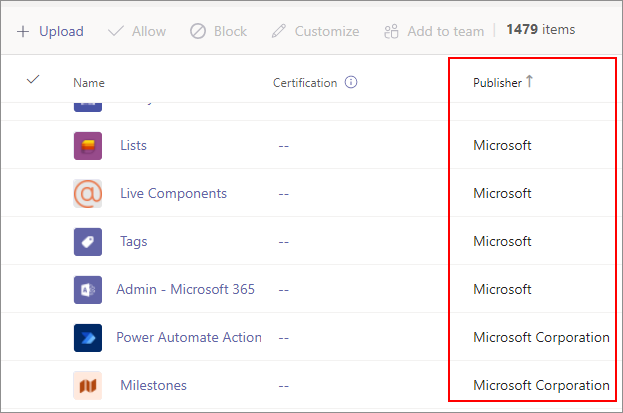 Captura de pantalla que muestra una lista de aplicaciones de Microsoft en el Centro de administración de Teams.