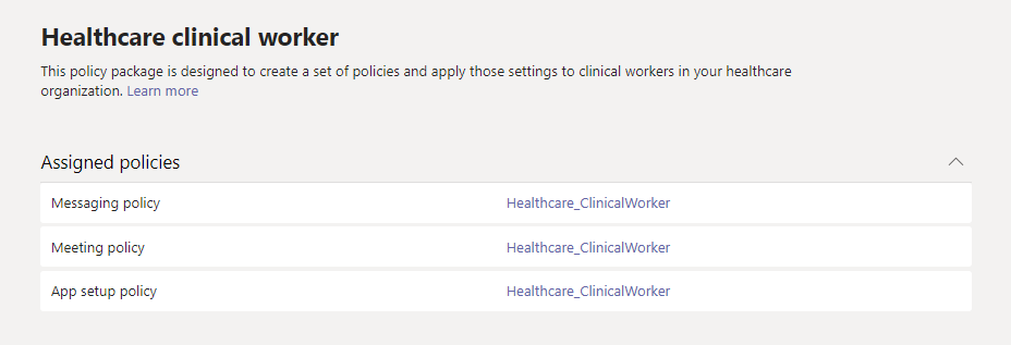Captura de pantalla de las directivas en el paquete de trabajadores clínicos de la atención médica.