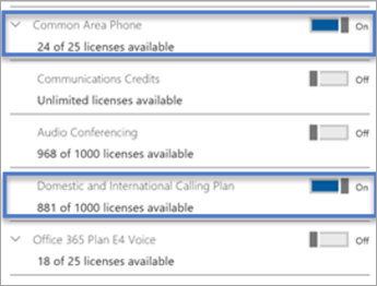 Captura de pantalla que muestra la asignación de licencias con el plan de llamadas nacionales y las opciones de planes nacionales e internacionales resaltadas.
