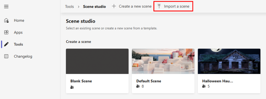 Captura de pantalla que muestra la opción para importar una escena en Scene Studio.