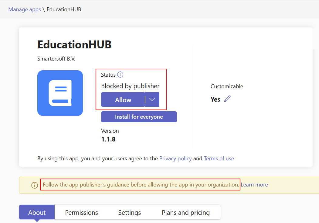 Captura de pantalla que muestra la opción Permitir para la aplicación bloqueada por el publicador.