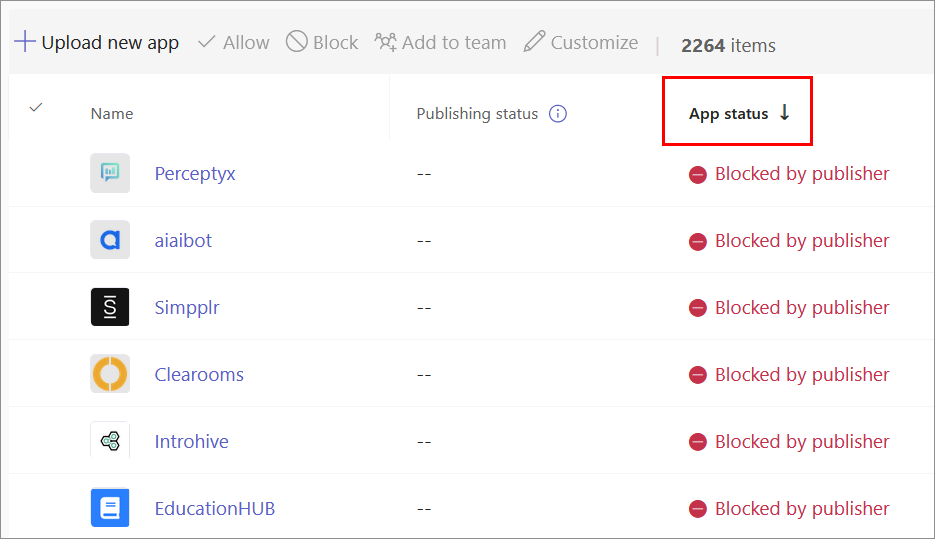 Captura de pantalla que muestra una aplicación bloqueada por el publicador.
