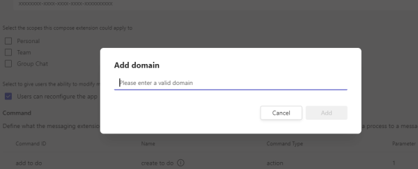 Captura de pantalla que muestra cómo agregar un dominio válido a la extensión de mensajería para las desplegadas de vínculos.
