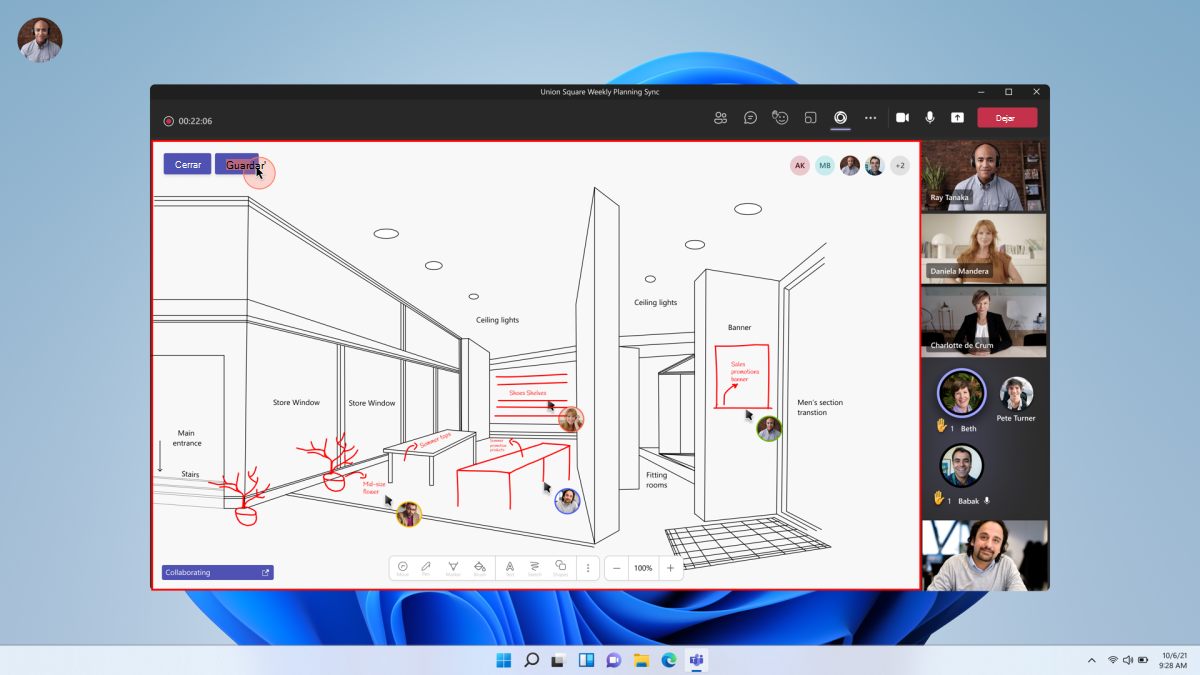Capturas de pantalla que muestran un ejemplo de varios usuarios dibujando en un lienzo durante una reunión.