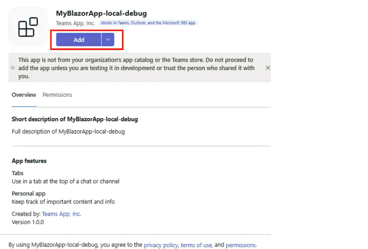 Captura de pantalla de la depuración local de BlazorApp con la opción Agregar resaltada en rojo.