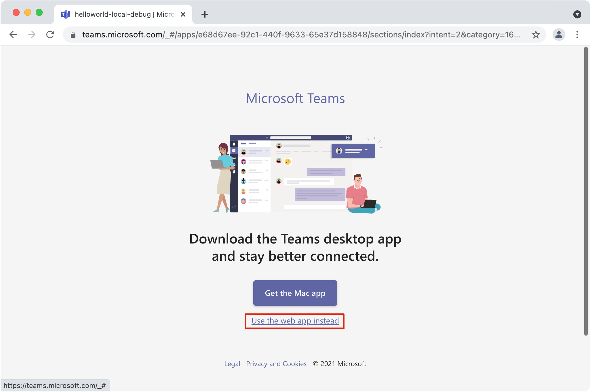 Captura de pantalla que muestra cómo elegir la versión web de Teams al iniciarlo