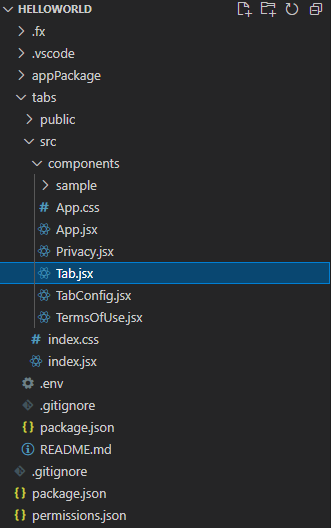 Project archivos scaffolded para la aplicación con la funcionalidad Tab en Visual Studio Code.