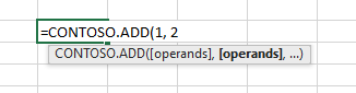 La función personalizada ADD que se escribe en la celda de una hoja de cálculo de Excel