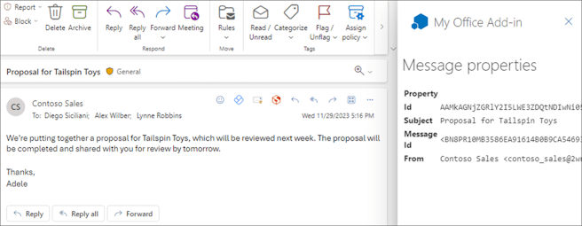 El panel de tareas del complemento en Outlook en la Web mostrando las propiedades del mensaje.