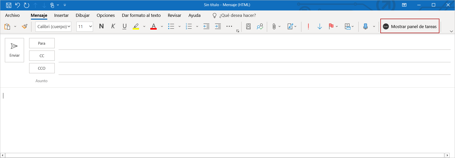 Botón de la cinta de opciones del complemento resaltado en la ventana de mensajes de redacción de Outlook.