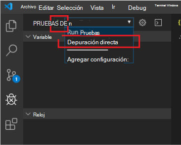 La opción Depuración directa seleccionada en las opciones de configuración de la lista desplegable depurar Visual Studio Code.