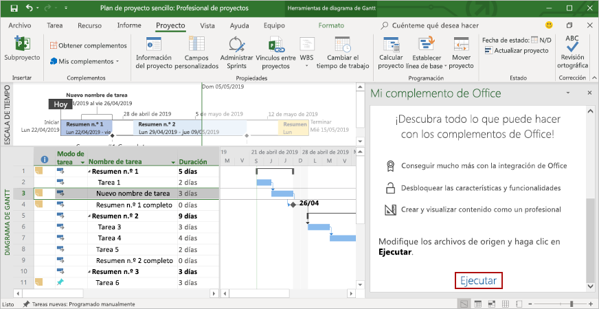 Captura de pantalla de la aplicación Project con el complemento de panel de tareas cargado.