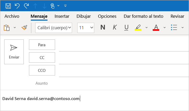 La información del perfil de usuario en la ventana de mensajes de redacción de Outlook.
