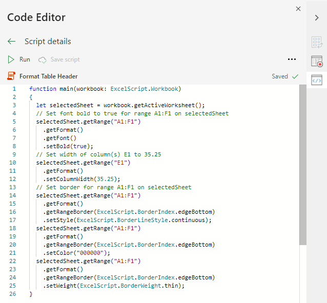 El Editor de código mostrando el código del script que se ha utilizado en este tutorial.