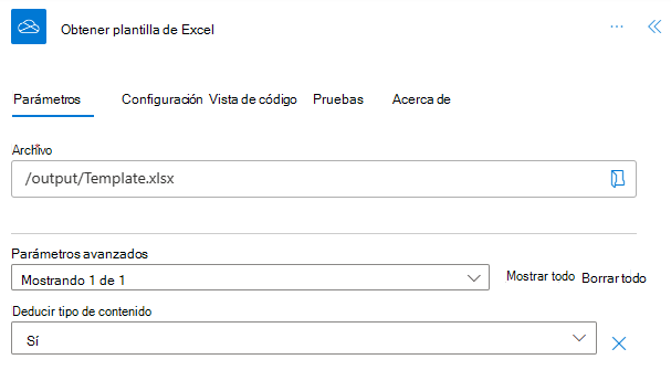 El conector de OneDrive para la Empresa completado en el panel de tareas de acción, cuyo nombre se ha cambiado a Obtener plantilla de Excel.