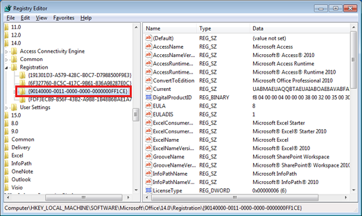 Captura de pantalla para hacer clic en cada GUID, ver las entradas del Registro en el panel derecho y buscar y seleccionar el GUID que contiene la versión pertinente del programa de Office.