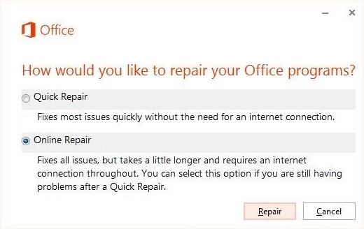 Seleccione la opción Reparación en línea para reparar Office.