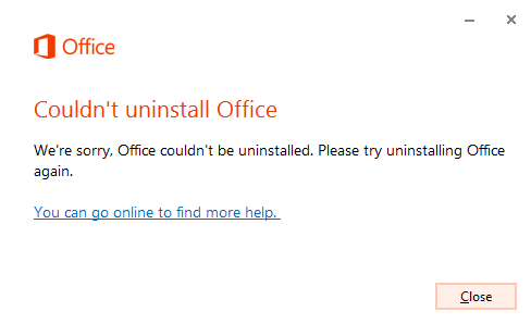 Captura de pantalla del mensaje de error, que muestra que no se pudo desinstalar Office.