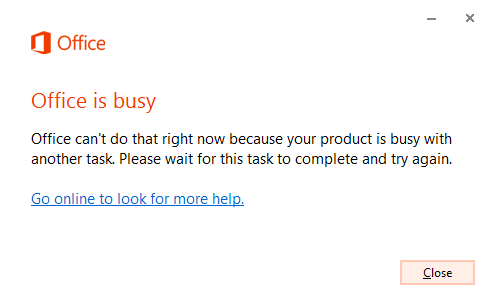 Captura de pantalla del mensaje de error, en la que se muestra que Office está ocupado.