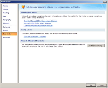 Captura de pantalla de la configuración del Centro de confianza en Office 2007.