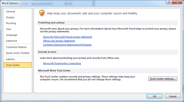 Captura de pantalla para seleccionar Centro de confianza en el panel de navegación de opciones de Word.