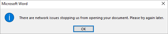 Captura de pantalla del mensaje de error, que muestra que hay problemas de red que impiden que abramos el documento.