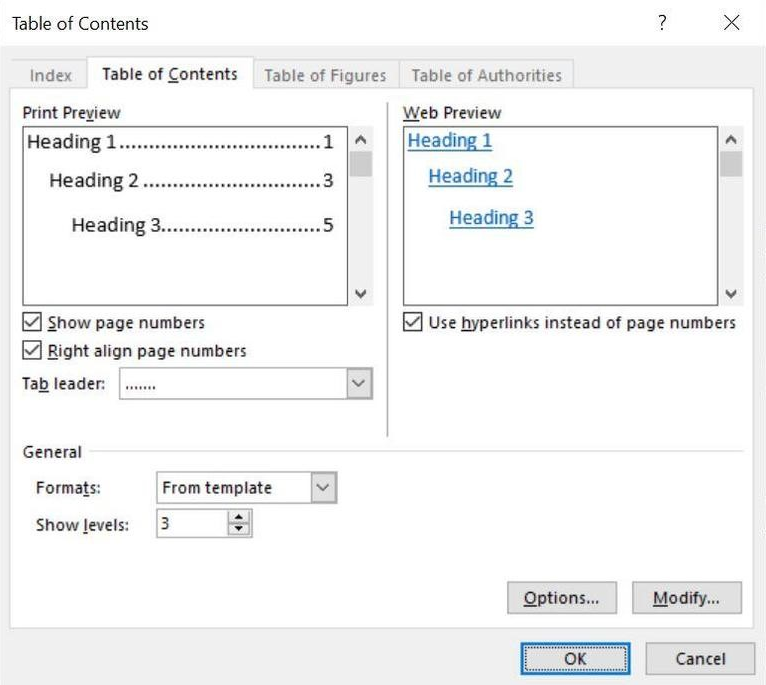 Captura de pantalla para seleccionar Tabla de contenido en la ventana Tabla de contenido.