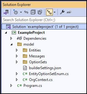 Ejemplo de resultado del comando de compilación pac modelbuilder en Visual Studio Explorer