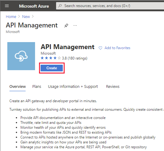 Página Crear Azure API Management Service.