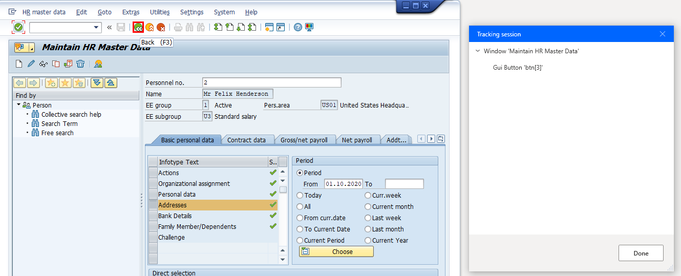 Captura de pantalla de la ventana Mantener datos maestros de recursos humanos en Acceso rápido a SAP junto con la ventana de sesión de seguimiento de Power Automate Desktop.
