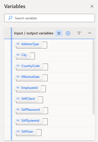 Captura de pantalla de las ventanas de variables con los nombres de las variables creadas.