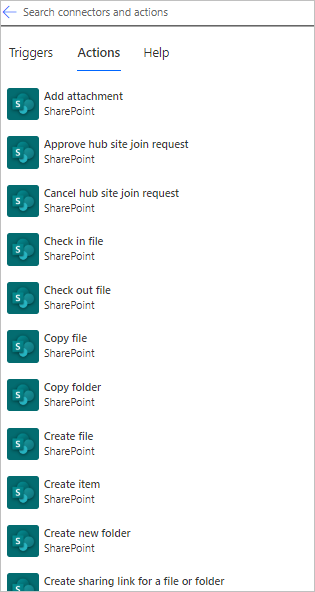 Captura de pantalla que muestra algunas acciones de SharePoint, como "Agregar archivo adjunto" e "Insertar archivo en el repositorio".