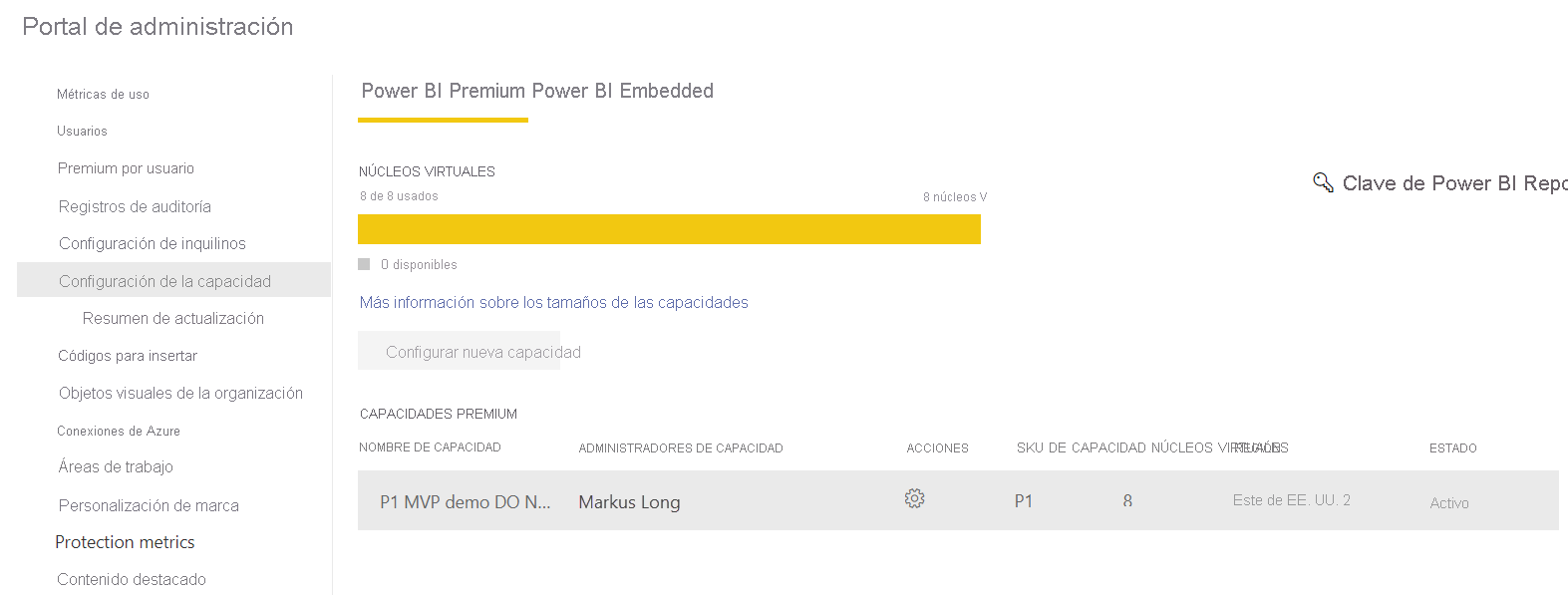 Screenshot that shows the Power B I Premium capacity settings screen.