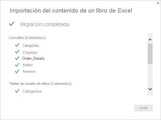Screenshot that shows the Import Excel workbook contents summary page.
