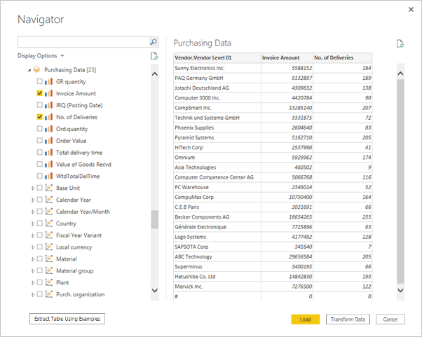 Captura de pantalla de una vista previa de la tabla de SAP en la pantalla Navegador.