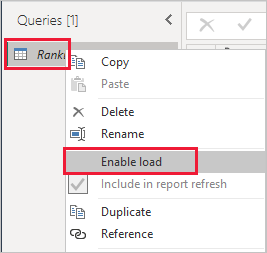 Screenshot of the query context menu, highlighting the Enable load option.
